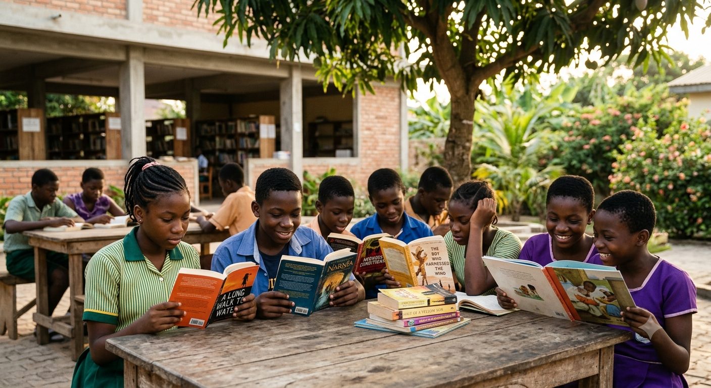 Learners reading together outdoors at an Ezamazwe-supported school