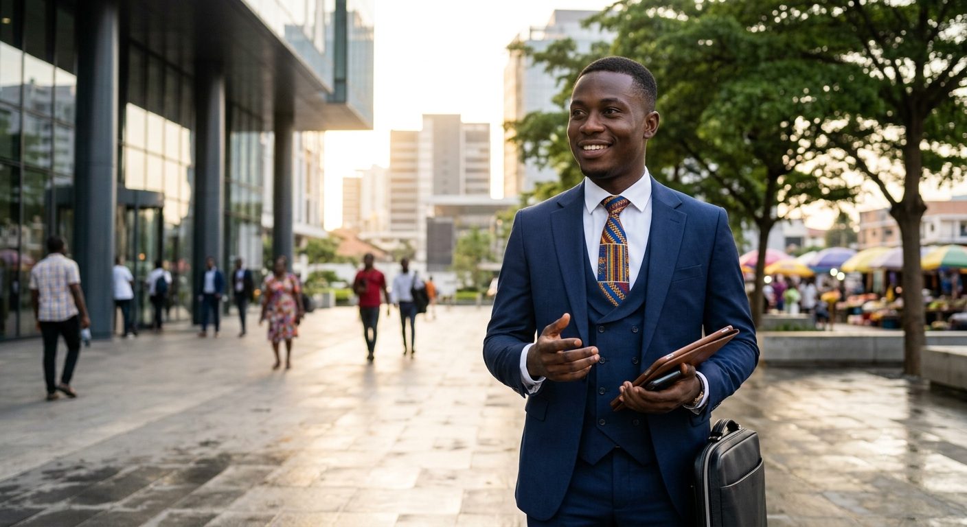 A young entrepreneur in a suit walking through a city street