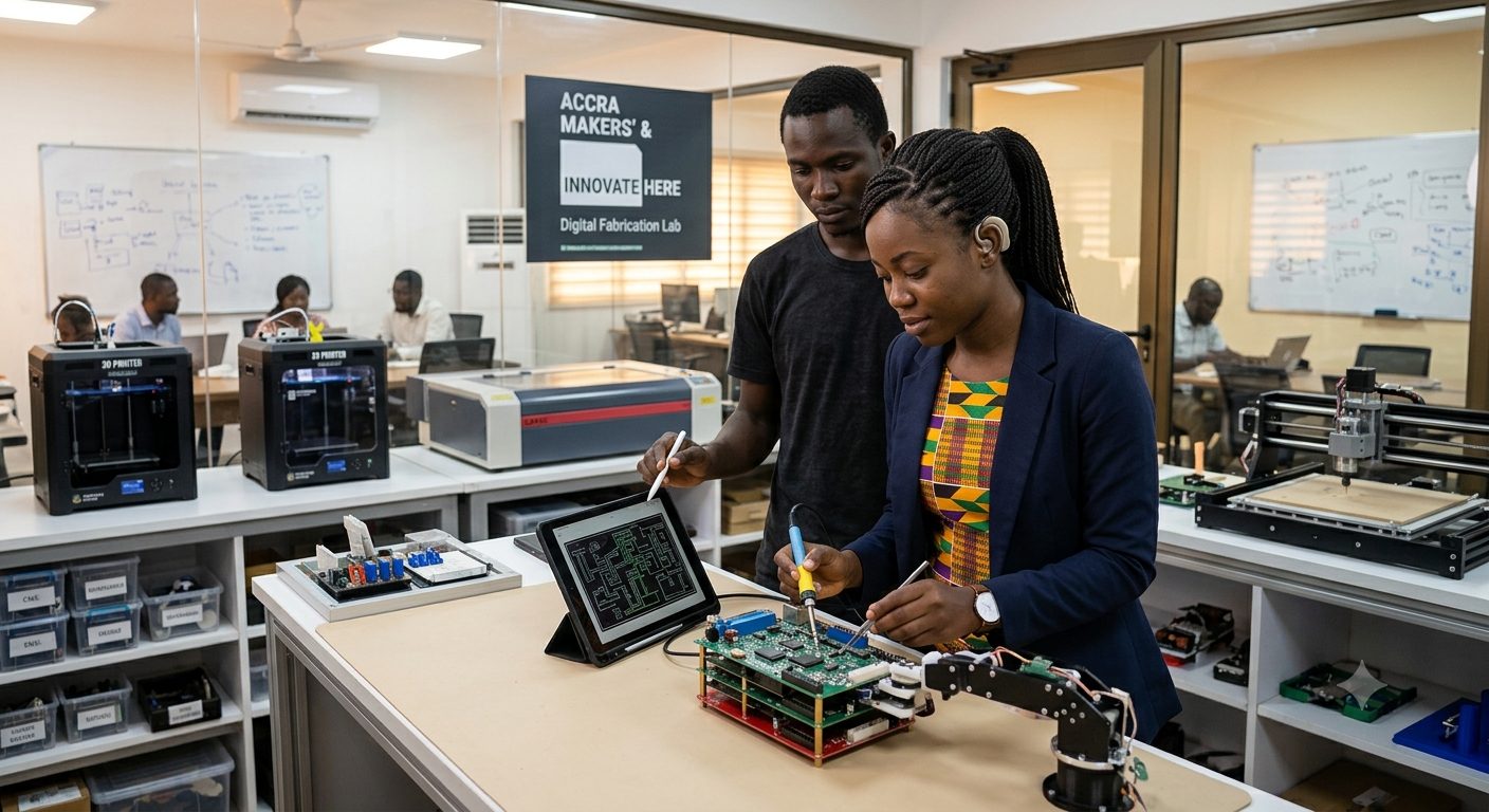 Two innovators working with a robotic arm and circuit board in a fabrication lab