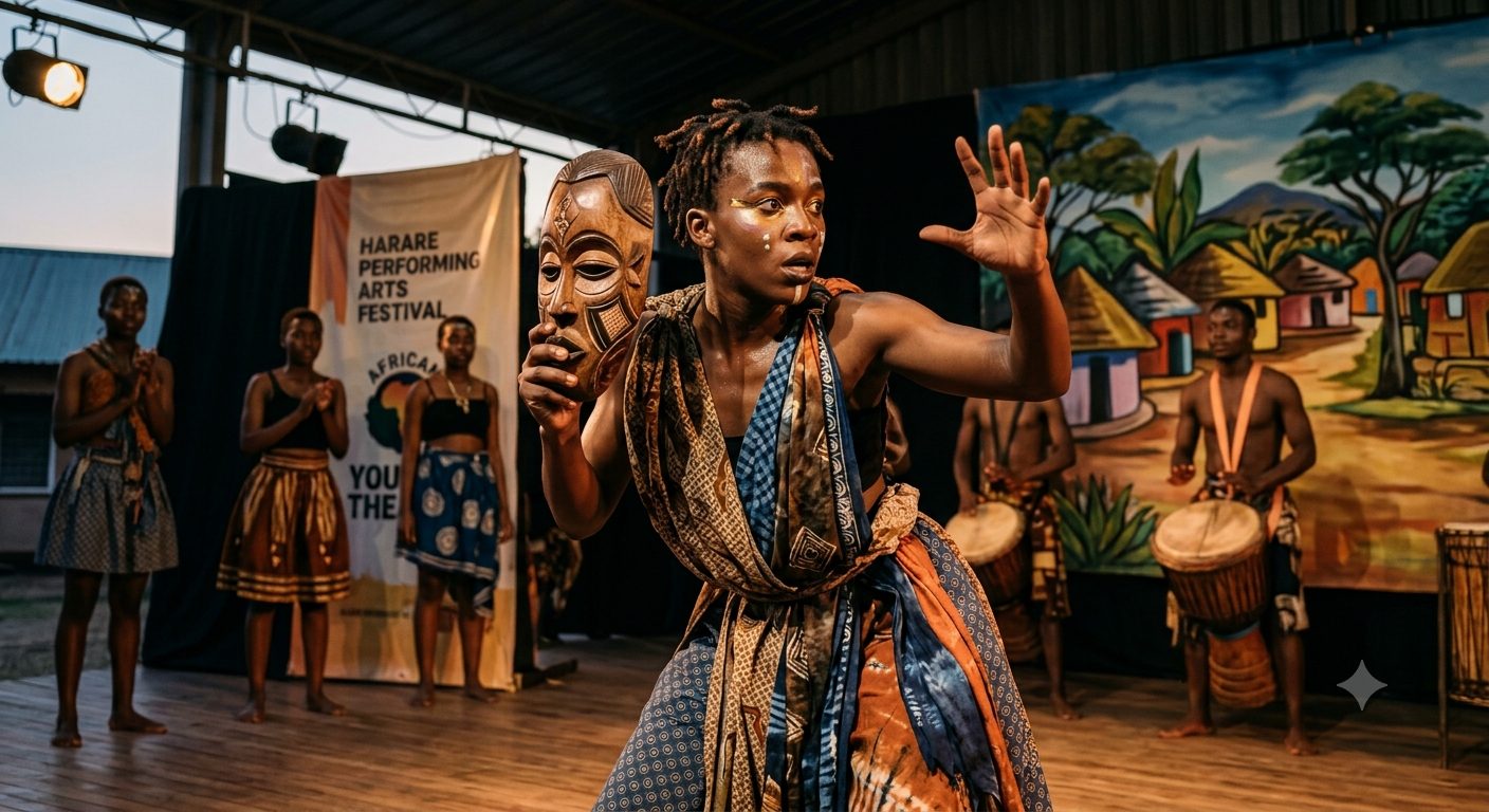 A performer in traditional dress holding a carved mask on stage at a performing arts festival